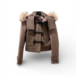 Burberry Tan Wool Jacket with Fur Trim